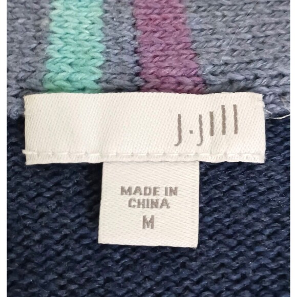 J Jill Cotton Cardigan Gray Blue Stripes Open Drape Front Pockets Sz M - Picture 2 of 7